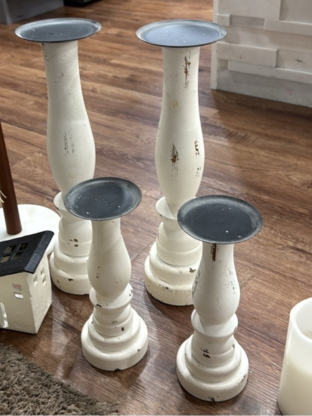Distressed White Wooden Candle Holders with Black Trays - Set of 4
